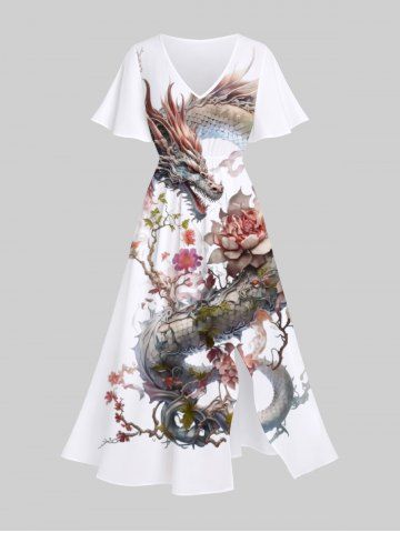 Plus Size Chinese Elements Dragon Flowers Print Split Midi Dress - WHITE - 5X