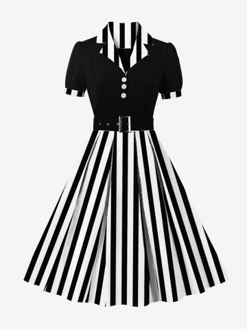 Stripes Print Buttons Shirt Collar Vintage Dress With Belt - BLACK - S