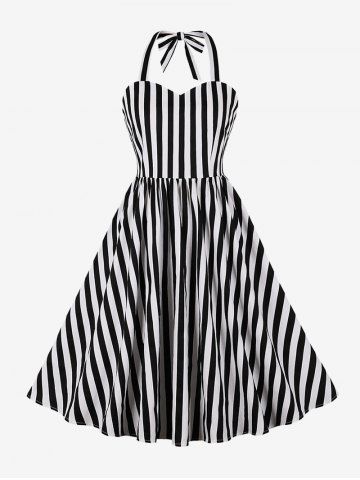 Striped Print Halter Tie Zipper Vintage Dress - BLACK - S