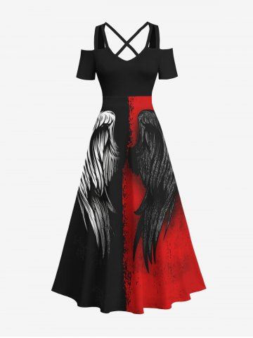 Plus Size Wings Ink Painting Colorblock Print Halloween Costume Crisscross A Line Maxi Dress - MULTI-A - 1X