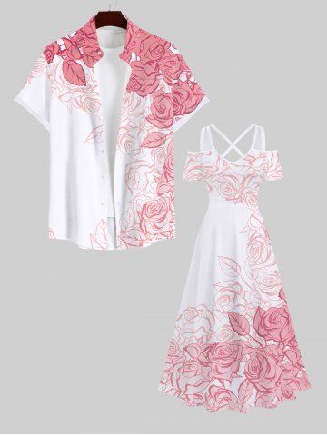 Rose Flower Leaf Print Plus Size Matching Hawaii Beach Outfit For Couples