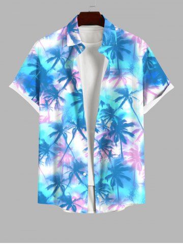 Plus Size Tie Dye Ombre Tropical Coconut Tree Print Buttons Pocket Hawaii Shirt For Men