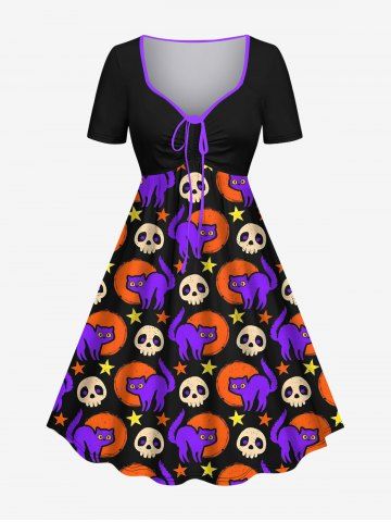 Plus Size Halloween Costume Cute Skull Cat Moon Star Print Cinched Dress - MULTI-A - 3X
