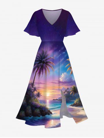 Plus Size Coconut Tree Ombre Colorful Sky Sea Print Split Hawaii Midi Dress - MULTI-A - 2X