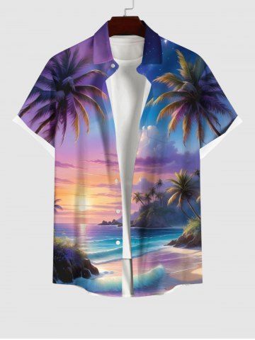 Plus Size Coconut Tree Ombre Colorful Sky Sea Print Buttons Pocket Hawaii Shirt For Men - MULTI-A - L