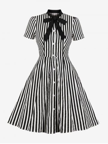 Stripes Print Button Down Tie Bowknot Vintage Dress - BLACK - S