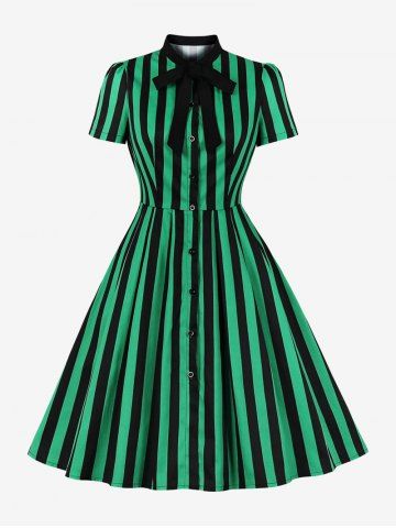 Stripes Print Button Down Tie Bowknot Vintage Dress - GREEN - S