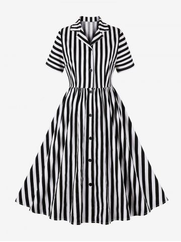 Stripes Print Button Down Shirt Collar Vintage Dress - BLACK - M