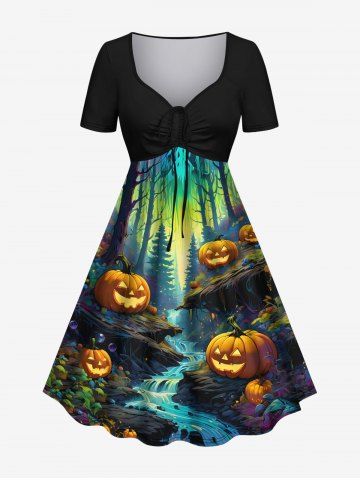 Plus Size Pumpkin Forest Leaves River Print Halloween Costume Cinched A Line Dress - MULTI-A - 1X