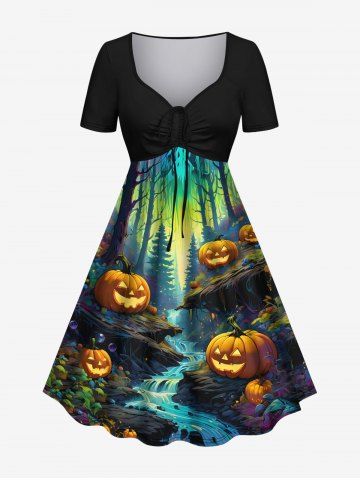 Plus Size Pumpkin Forest Leaves River Print Halloween Costume Cinched A Line Dress - MULTI-A - 3X