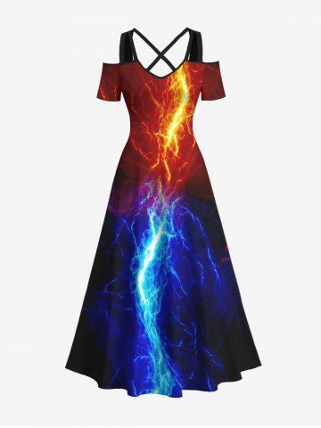 Plus Size Glitter Lightning Print Hawaii Crisscross A Line Maxi Dress - MULTI-A - XS