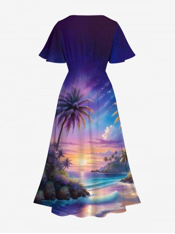 Plus Size Coconut Tree Ombre Colorful Sky Sea Print Split Hawaii Midi Dress