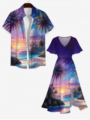 Plus Size Coconut Tree Ombre Colorful Sky Sea Print Split Hawaii Midi Dress