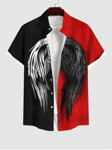 Plus Size Wings Ink Painting Colorblock Print Halloween Button Pocket Shirt For Men