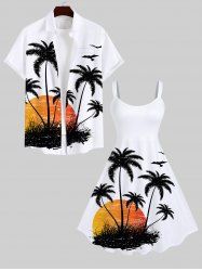 Coconut Tree Sunset Bird Print Plus Size Matching Hawaii Beach Outfit For Couples -  