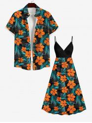 Tropical Leaf Hibiscus Flowers Print Plus Size Matching Hawaii Beach Outfit For Couples -  