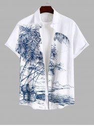Plus Size Coconut Tree Sea Mountain Box Print Buttons Pocket Hawaii Shirt For Men -  