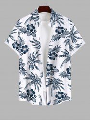 Plus Size Tropical Leaves Floral Coconut Tree Print Hawaii Button Pocket Shirt For Men -  