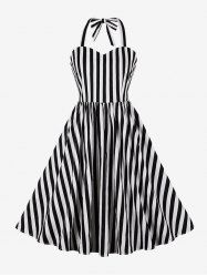 Striped Print Halter Tie Zipper Vintage Dress -  
