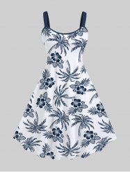 Plus Size Tropical Leaves Floral Coconut Tree Print Hawaii A Line Tank Dress -  