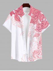 Plus Size Rose Flower Leaf Print Hawaii Button Pocket Shirt For Men -  