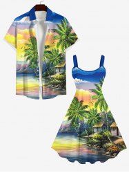 Coconut Tree Sea Colorful Ombre Sky Cloud Mountain Print Plus Size Matching Hawaii Beach Outfit For Couples -  