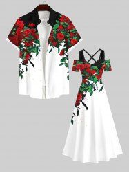 Floral Leaf Vine Colorblock Print Plus Size Matching Hawaii Beach Outfit For Couples -  