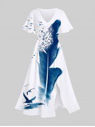 Plus Size Feather Birds Paint Splatter Print Split Hawaii Midi Dress -  