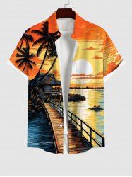 Plus Size Coconut Tree Bridge Sunset Ombre Colorblock Sky Print Buttons Pocket Hawaii Shirt For Men -  