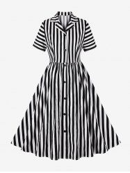 Stripes Print Button Down Shirt Collar Vintage Dress -  