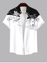 Plus Size Floral Leaves Two Tone Print Hawaii Button Pocket Shirt For Men -  
