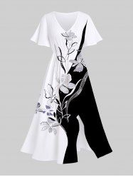 Plus Size Floral Leaves Two Tone Print Hawaii Split Pocket A Line Midi Dress -  