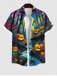 Chemise D'Halloween Boutonnée Colorée Citrouille Feuille et Forêt Imprimés avec Poche de Grande Taille pour Homme - Noir M
