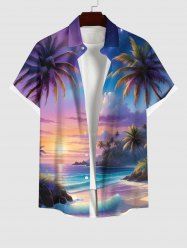 Plus Size Coconut Tree Ombre Colorful Sky Sea Print Buttons Pocket Hawaii Shirt For Men -  