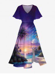 Robe Mi-Longue Hawaïen Fendue Cocotier et Ciel Imprimés de Grande Taille - Multi-A XXS