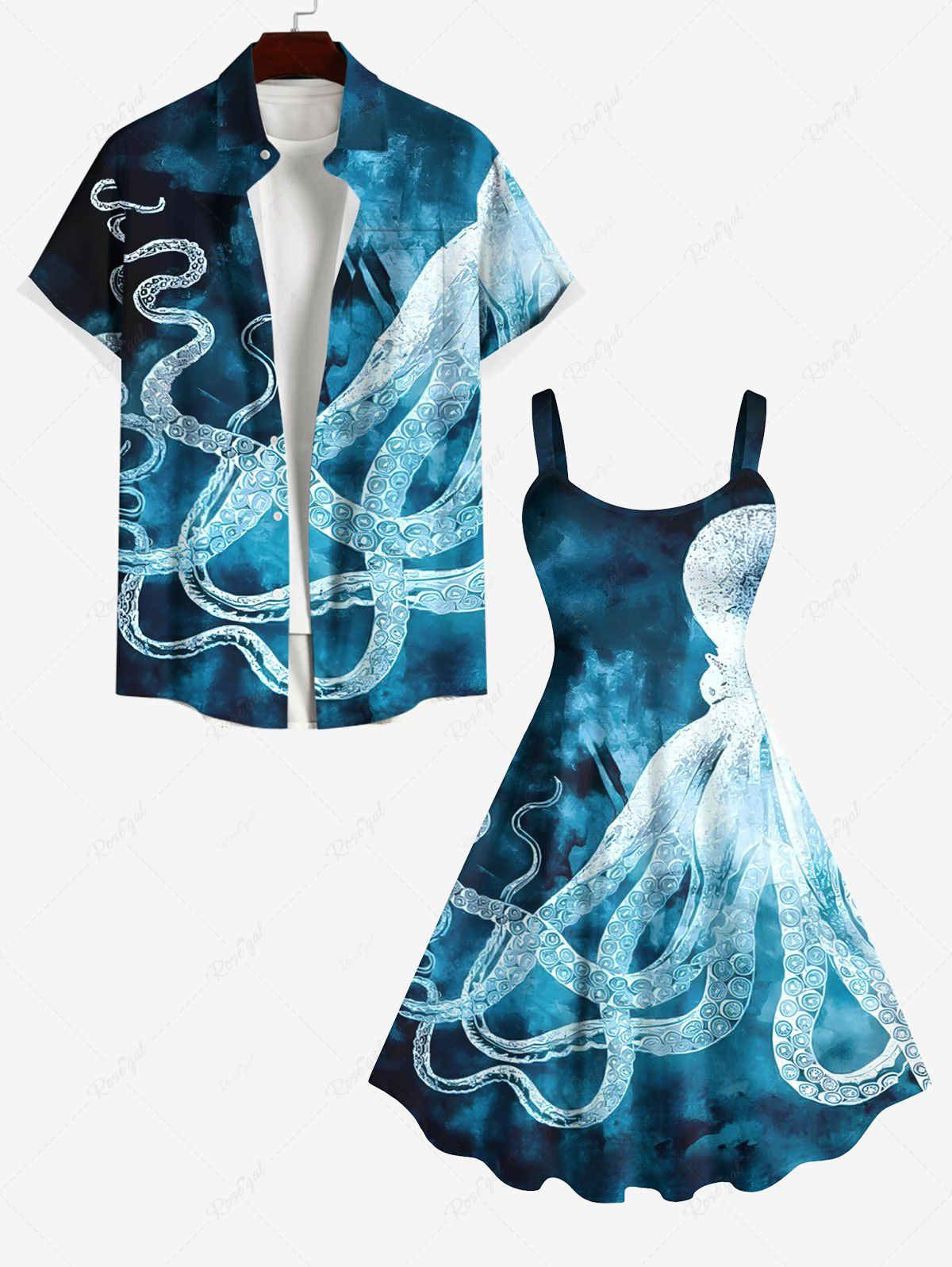 Chic Octopus Ombre Sea Print Plus Size Matching Beach Outfit For Couples  