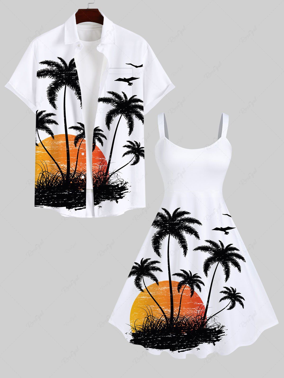 Buy Coconut Tree Sunset Bird Print Plus Size Matching Hawaii Beach Outfit For Couples  