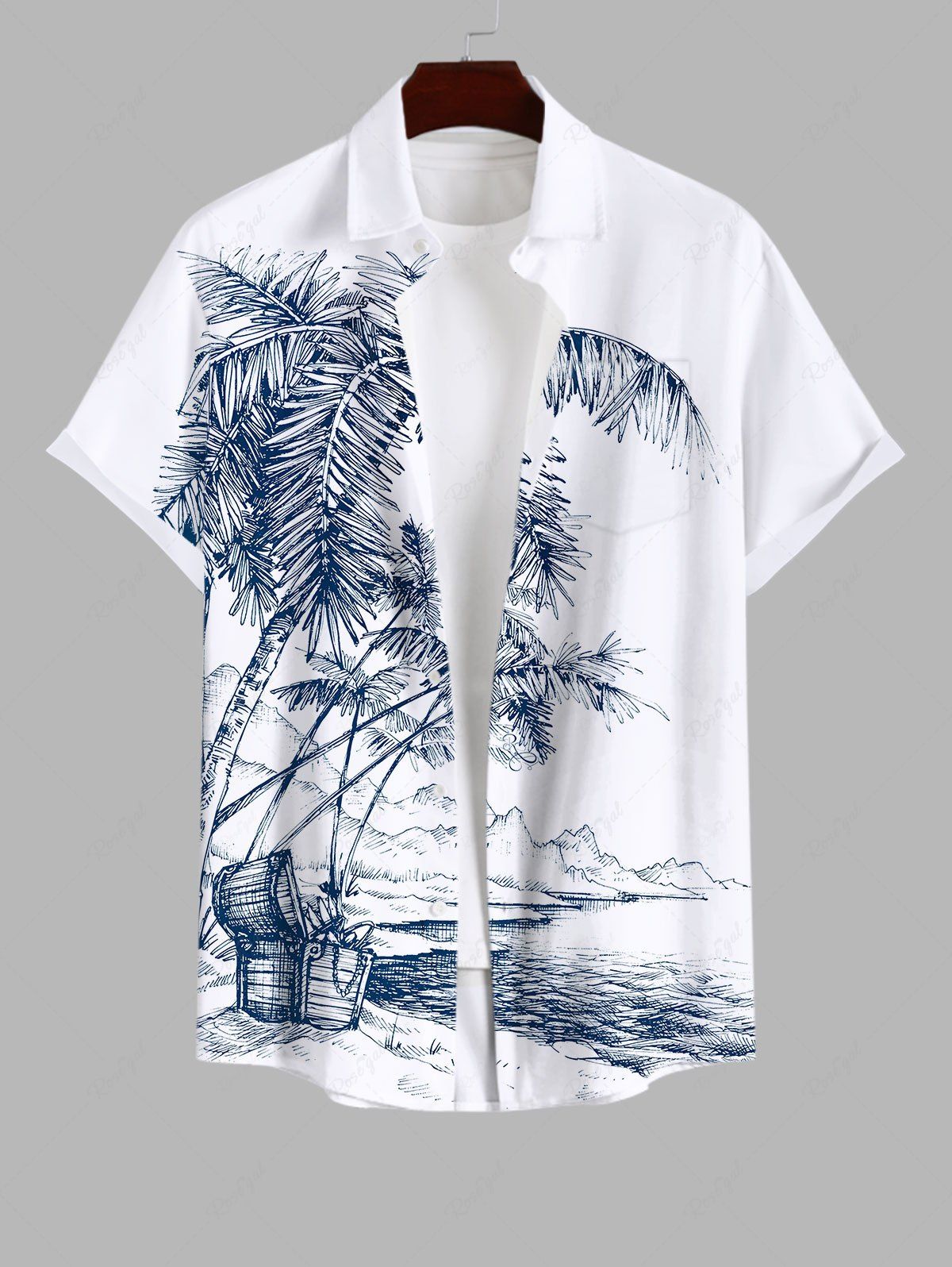 Affordable Plus Size Coconut Tree Sea Mountain Box Print Buttons Pocket Hawaii Shirt For Men  