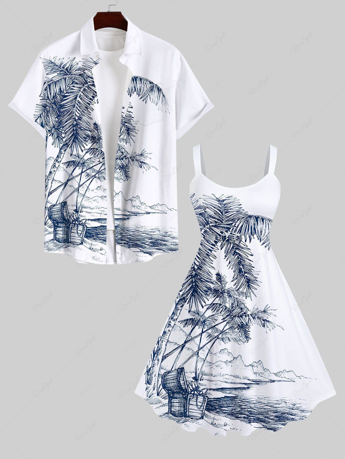 New Coconut Tree Sea Mountain Box Print Plus Size Matching Hawaii Beach Outfit For Couples  
