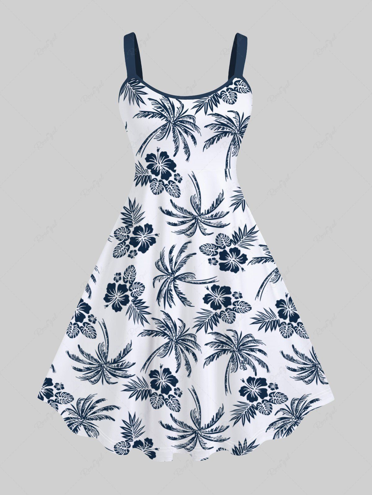 Outfits Plus Size Tropical Leaves Floral Coconut Tree Print Hawaii A Line Tank Dress  