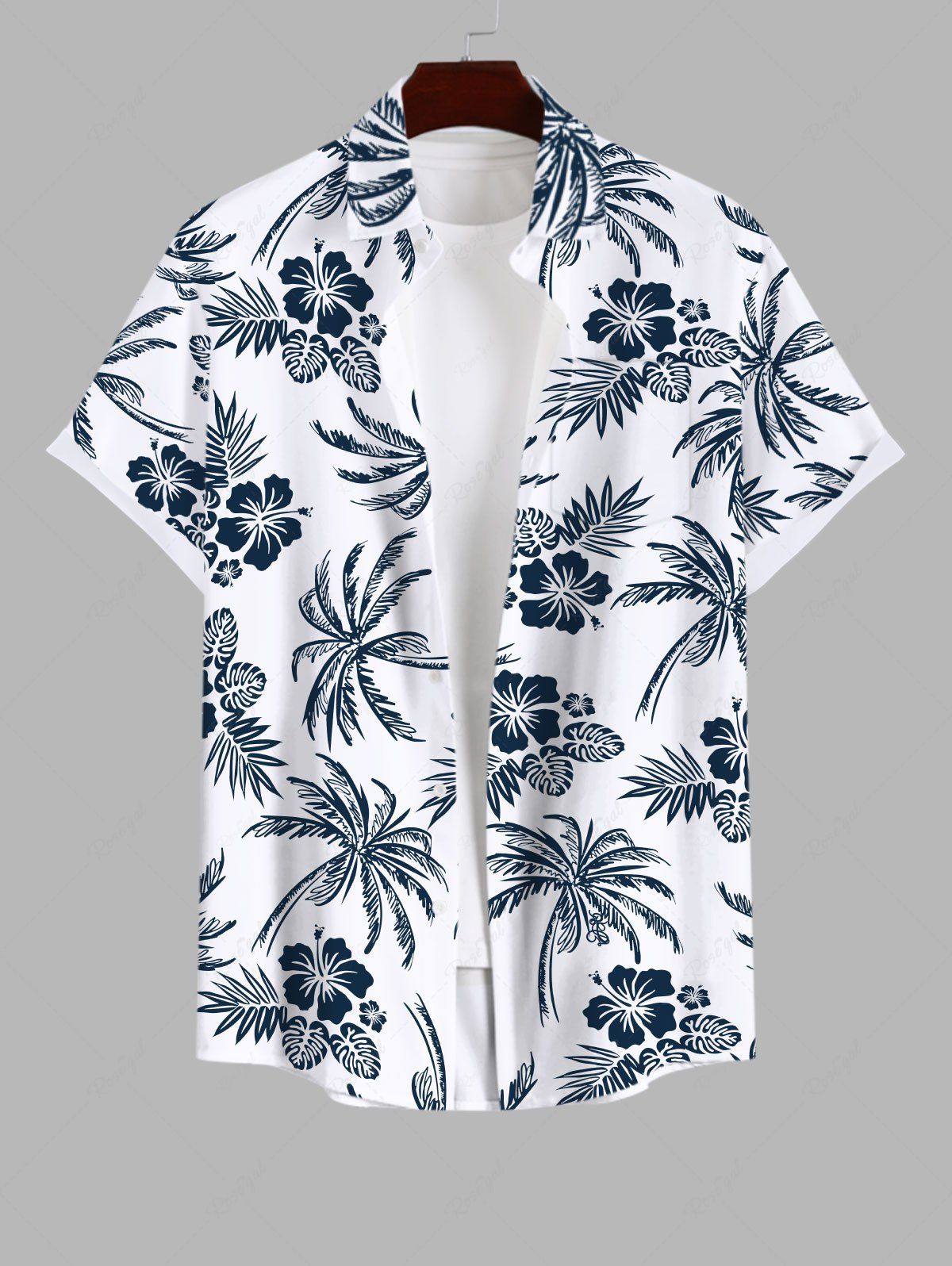 Discount Plus Size Tropical Leaves Floral Coconut Tree Print Hawaii Button Pocket Shirt For Men  