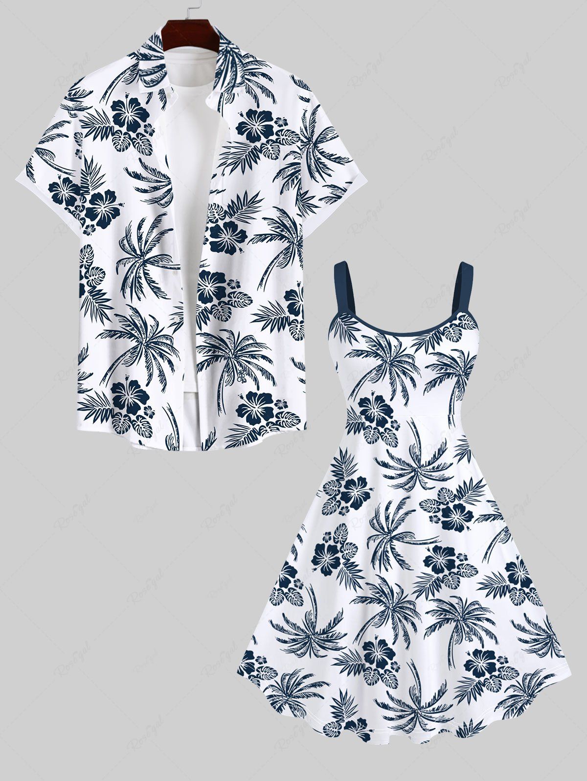 Fashion Tropical Leaves Floral Coconut Tree Print Plus Size Matching Hawaii Beach Outfit For Couples  