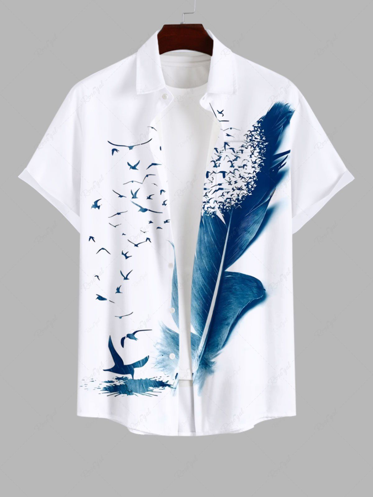Cheap Plus Size Feather Birds Paint Splatter Print Buttons Pocket Hawaii Shirt For Men  