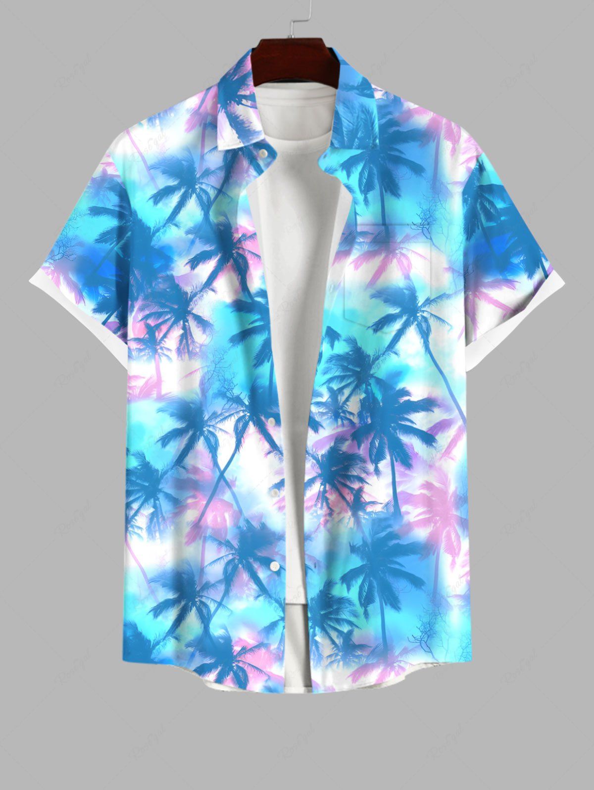 Unique Plus Size Tie Dye Ombre Tropical Coconut Tree Print Buttons Pocket Hawaii Shirt For Men  