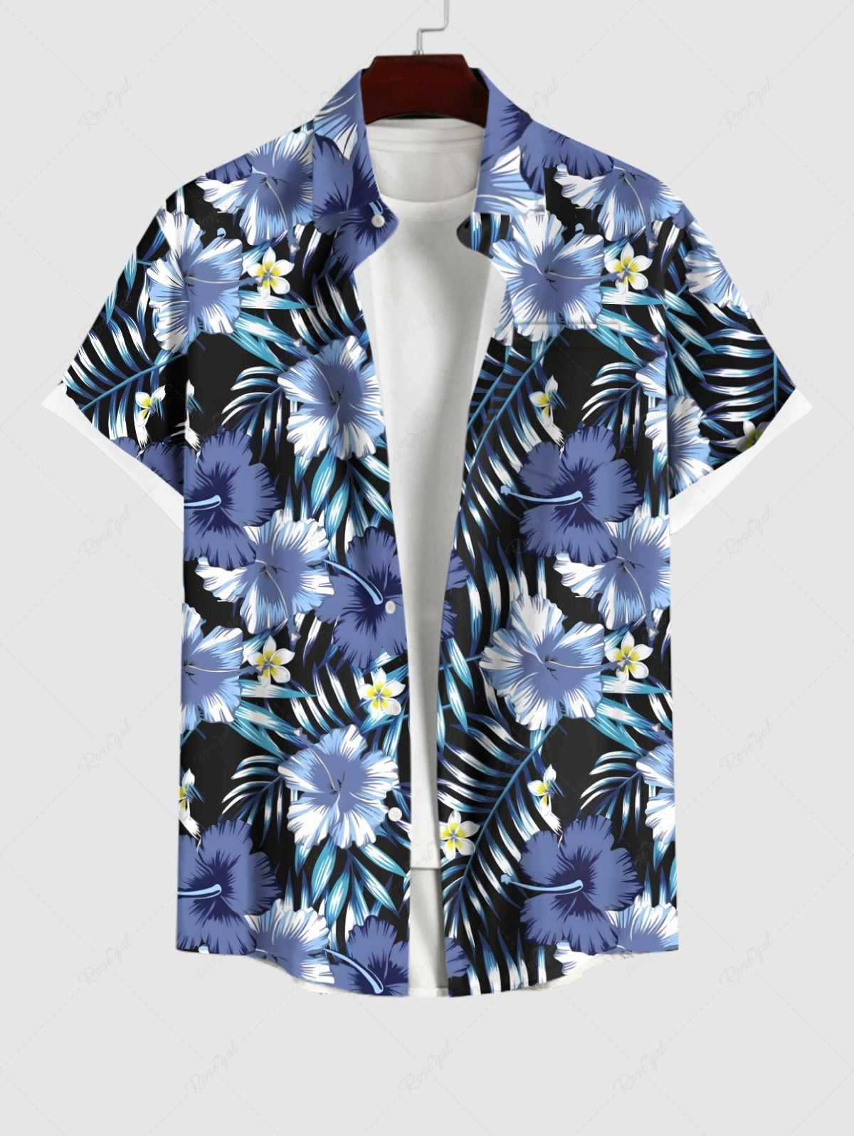 Buy Plus Size Tropical Leaf Hibisicus Flower Print Buttons Pocket Hawaii Shirt For Men  