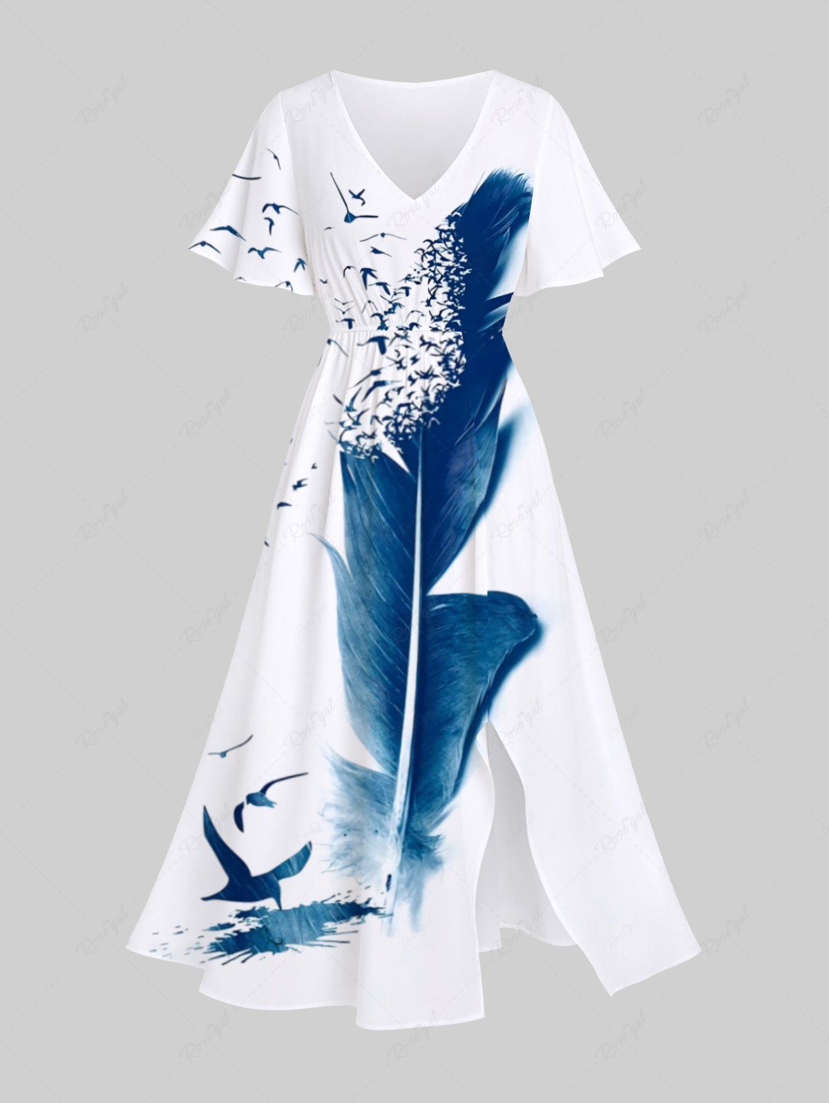 Cheap Plus Size Feather Birds Paint Splatter Print Split Hawaii Midi Dress  