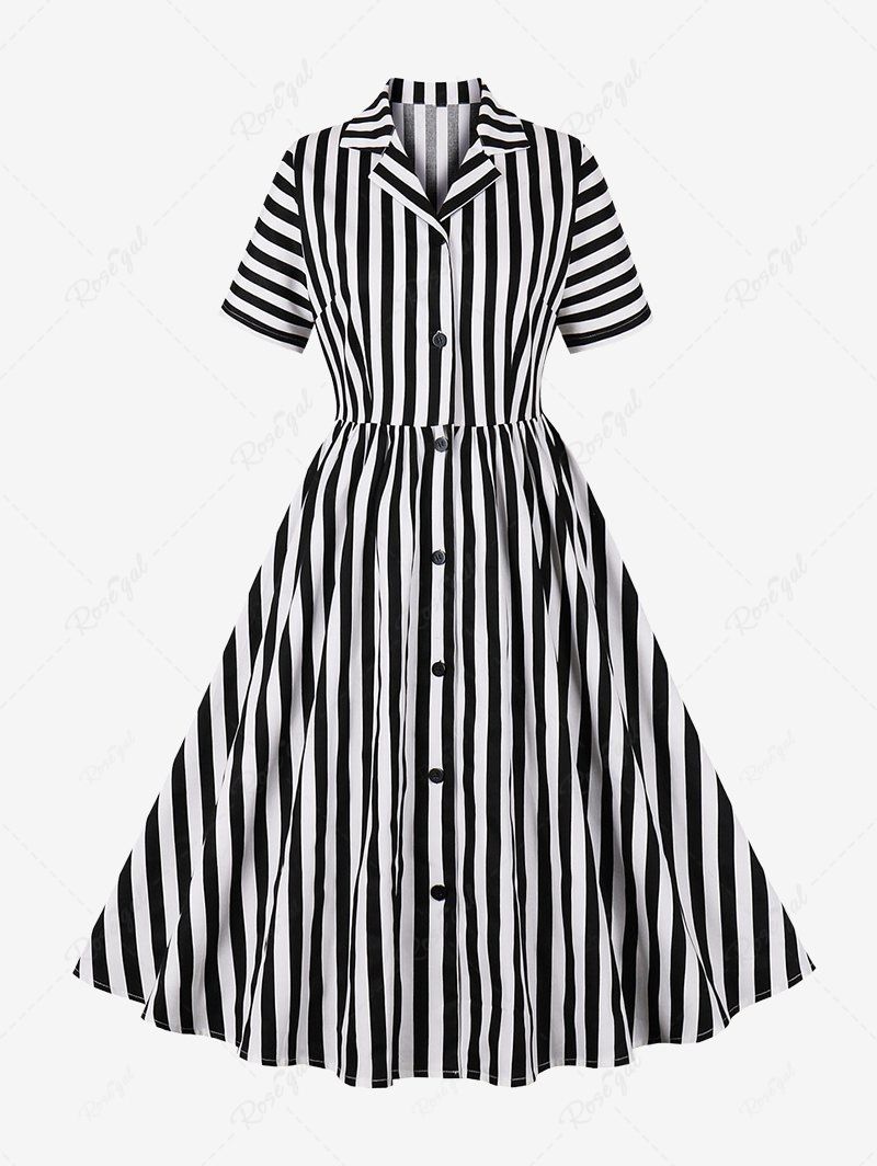 Affordable Stripes Print Button Down Shirt Collar Vintage Dress  