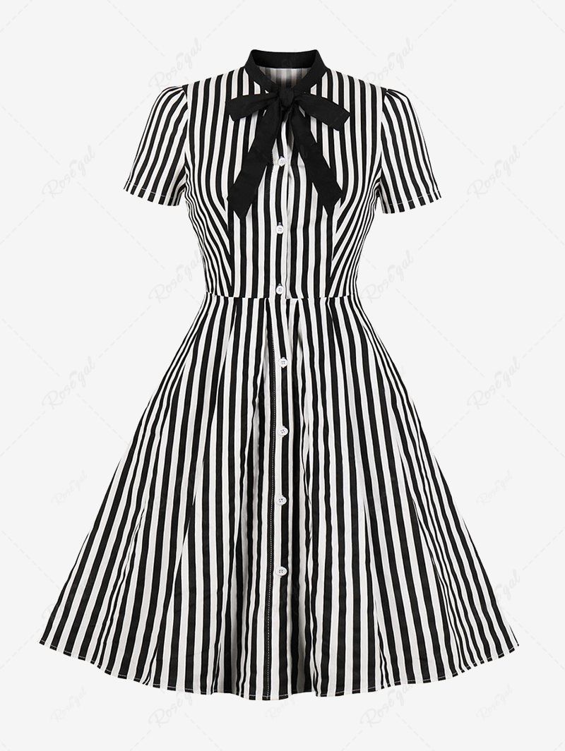 Unique Stripes Print Button Down Tie Bowknot Vintage Dress  