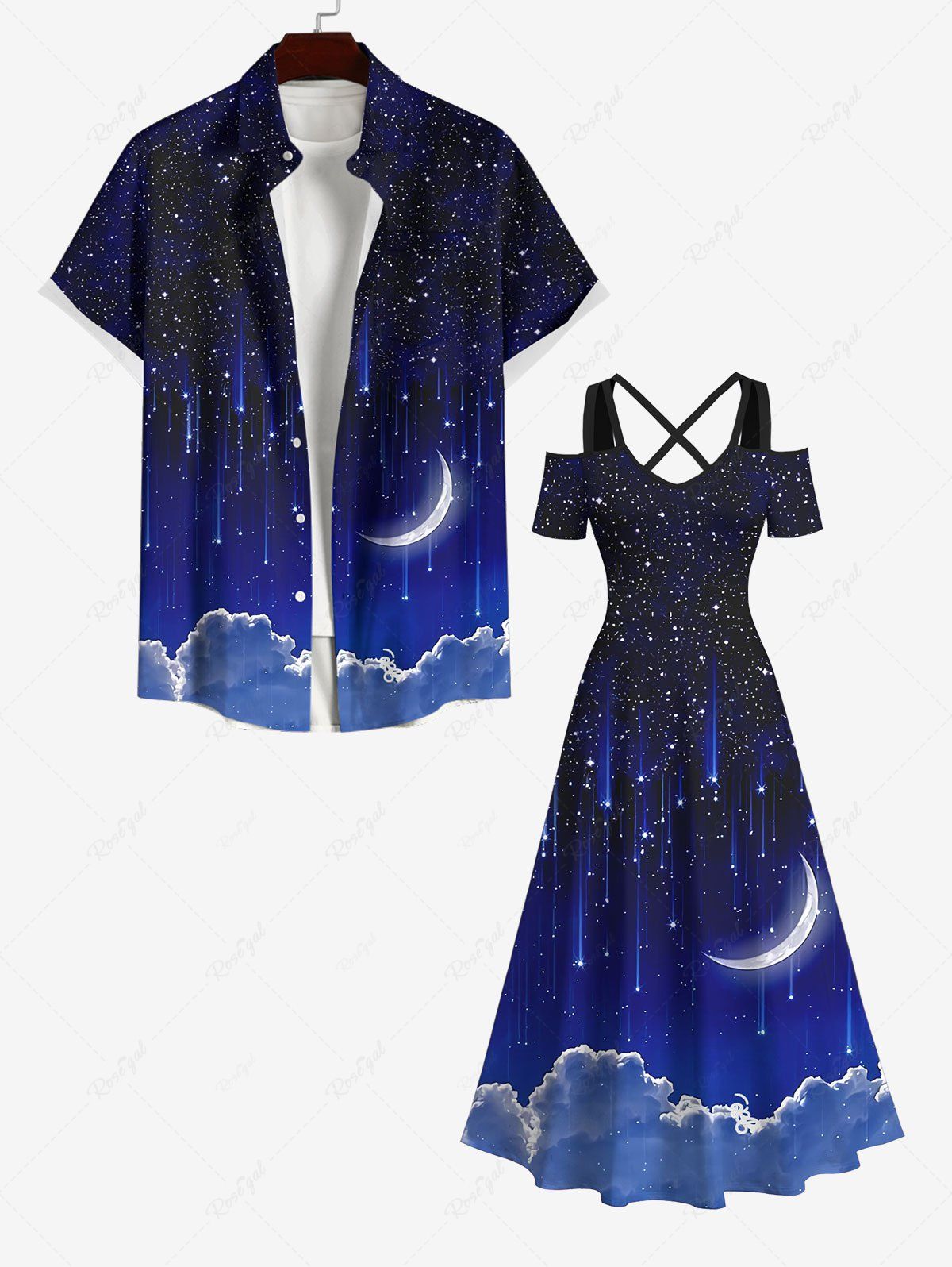 Discount Glitter Galaxy Star Moon Cloud Print Plus Size Matching Hawaii Beach Outfit For Couples  