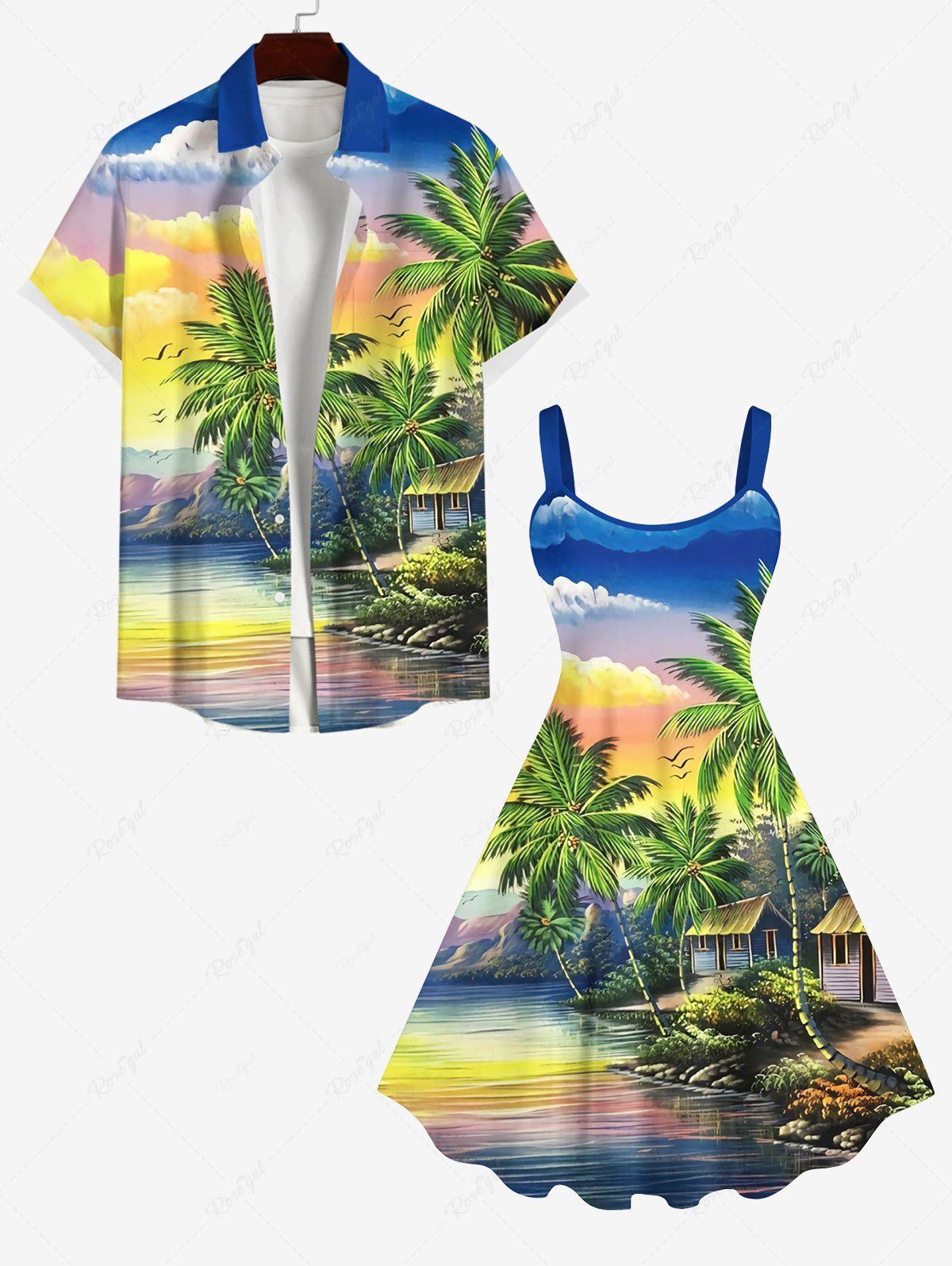 Outfits Coconut Tree Sea Colorful Ombre Sky Cloud Mountain Print Plus Size Matching Hawaii Beach Outfit For Couples  